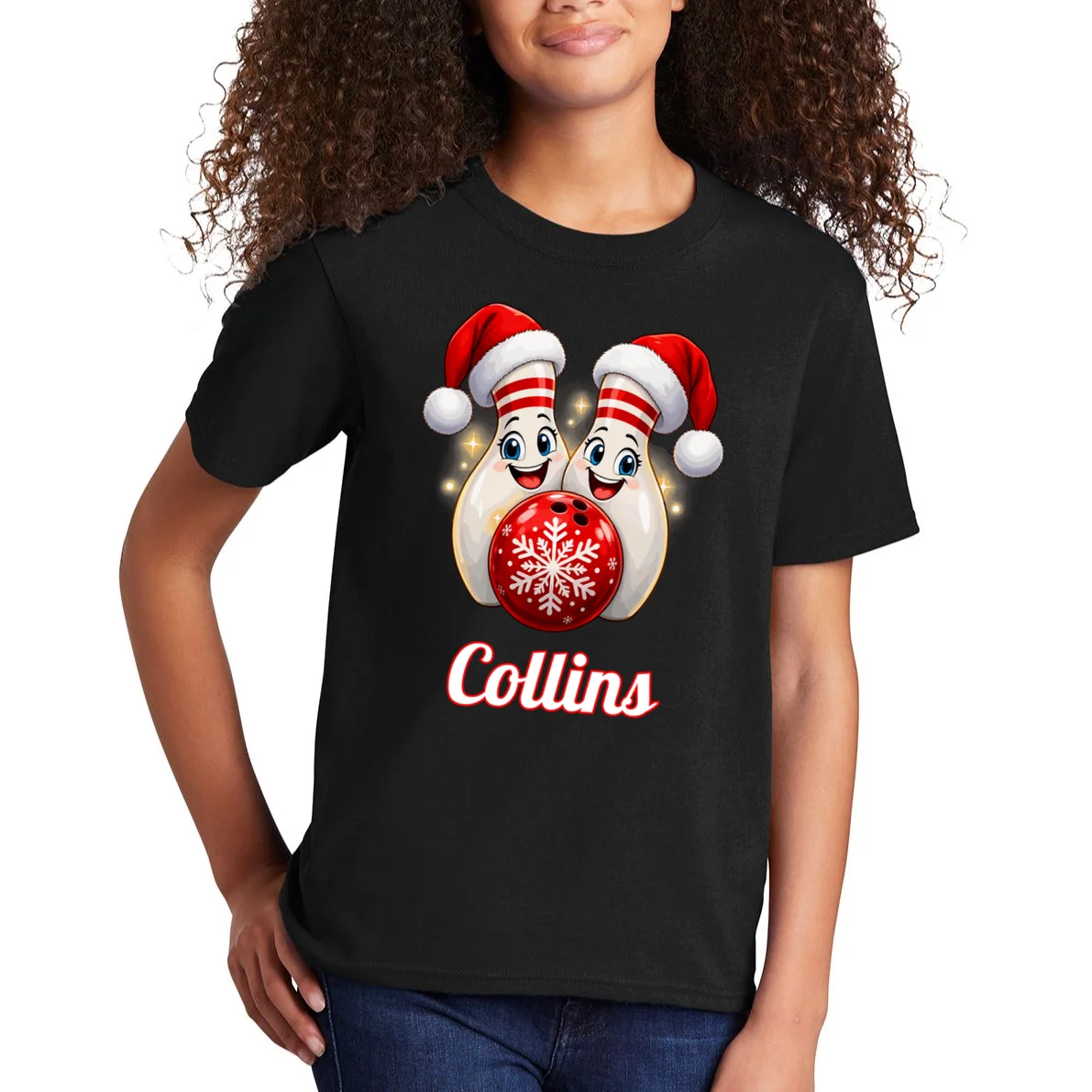 Christmas Bowling Pins – Santa Hat & Snowflake Custom Name & Team Name Kids T-Shirt - Front 1
