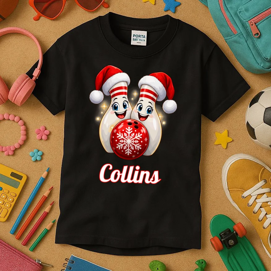 Christmas Bowling Pins – Santa Hat & Snowflake Custom Name & Team Name Kids T-Shirt - Front 2