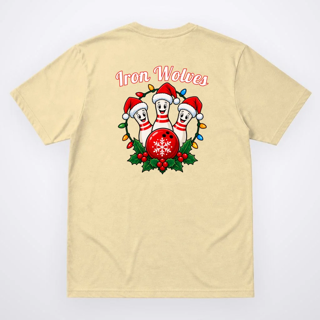 Christmas Bowling Pins – Santa Hat & Snowflake Custom Name & Team Name Men's T-Shirt - Back