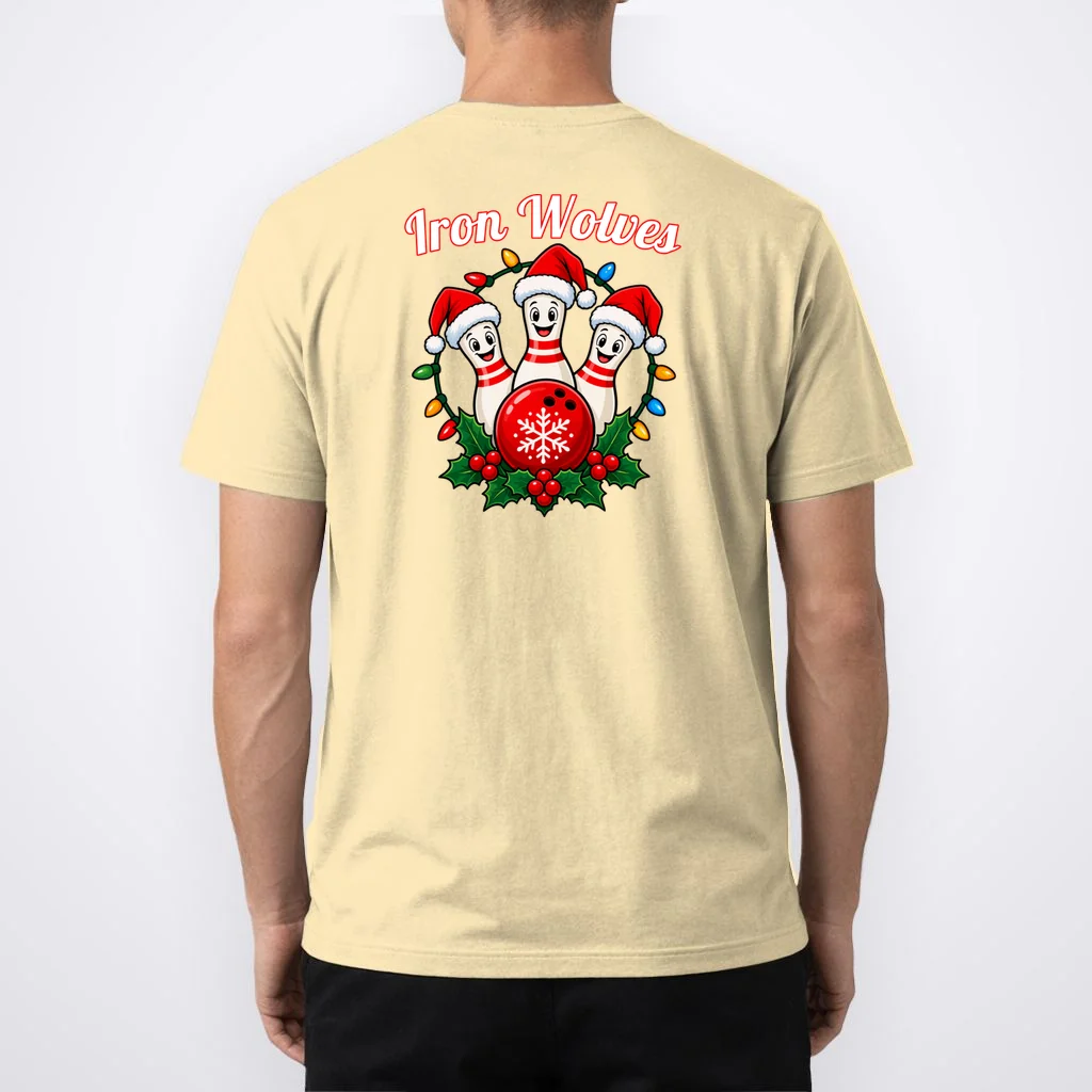 Christmas Bowling Pins – Santa Hat & Snowflake Custom Name & Team Name Men's T-Shirt - Back 1