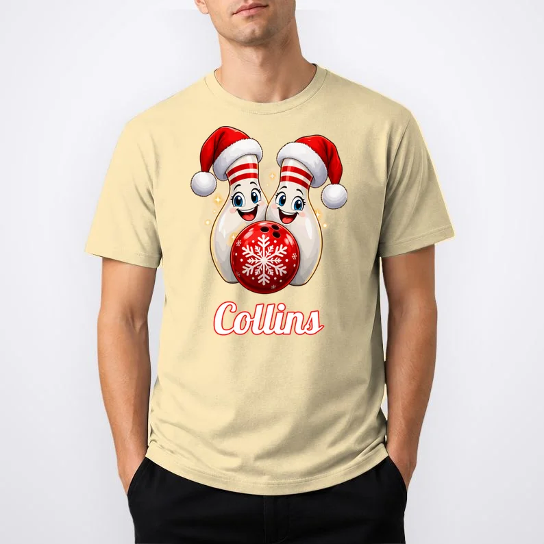 Christmas Bowling Pins – Santa Hat & Snowflake Custom Name & Team Name Men's T-Shirt - Front 1