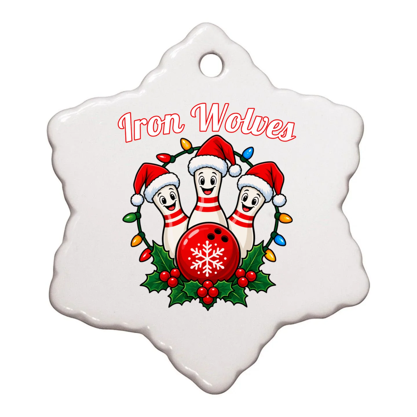 Christmas Bowling Pins – Santa Hat & Snowflake Custom Name & Team Name Ornament - Back - Close-up