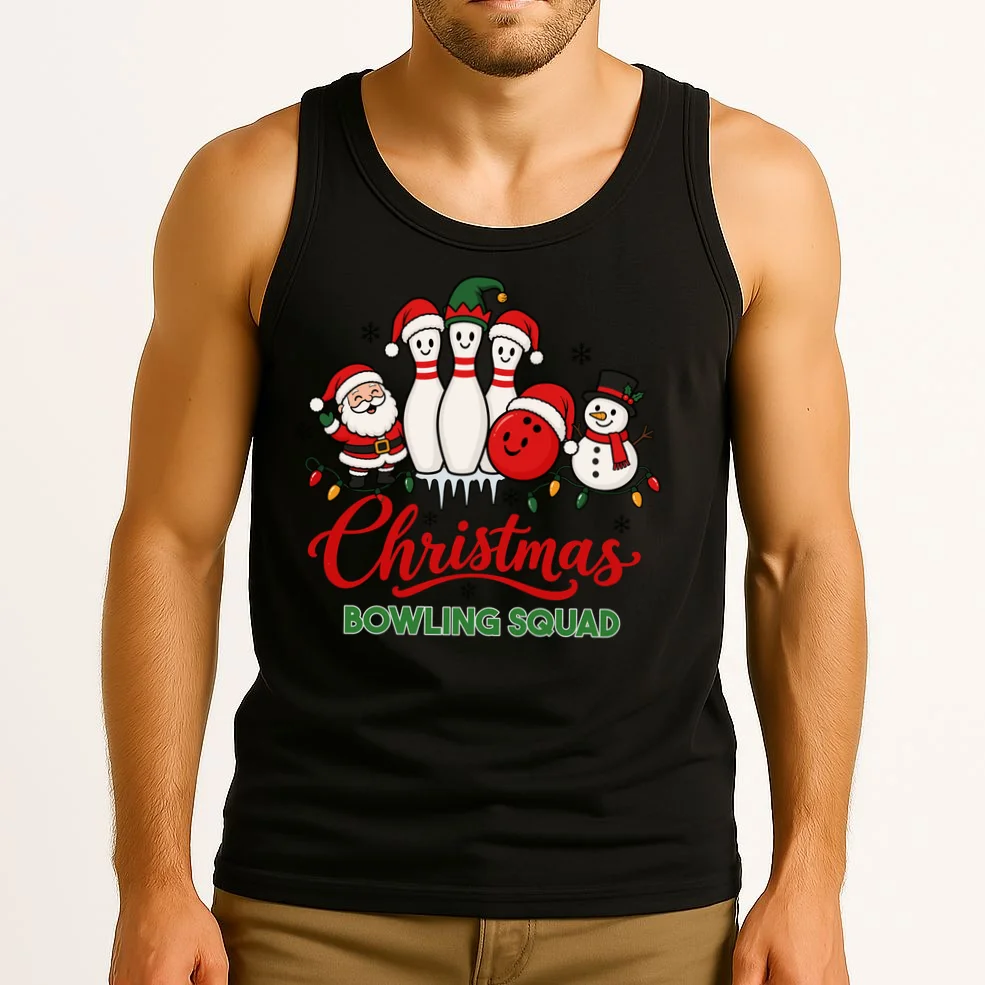 Christmas Bowling Personalized Holiday Gift -  Minimalist Christmas Bowling Design Men's Tank Top - Front 2
