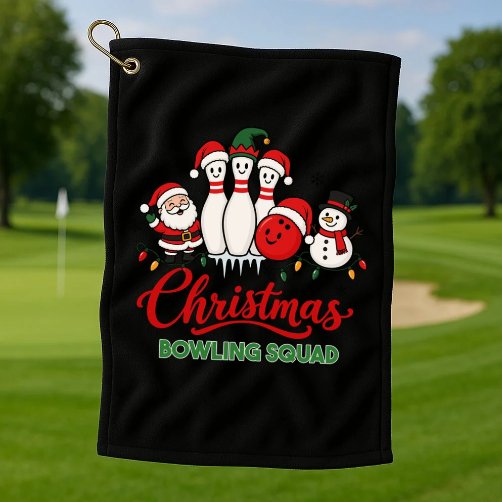 Christmas Bowling Personalized Holiday Gift -  Minimalist Christmas Bowling Design Golf Towel - Front 1