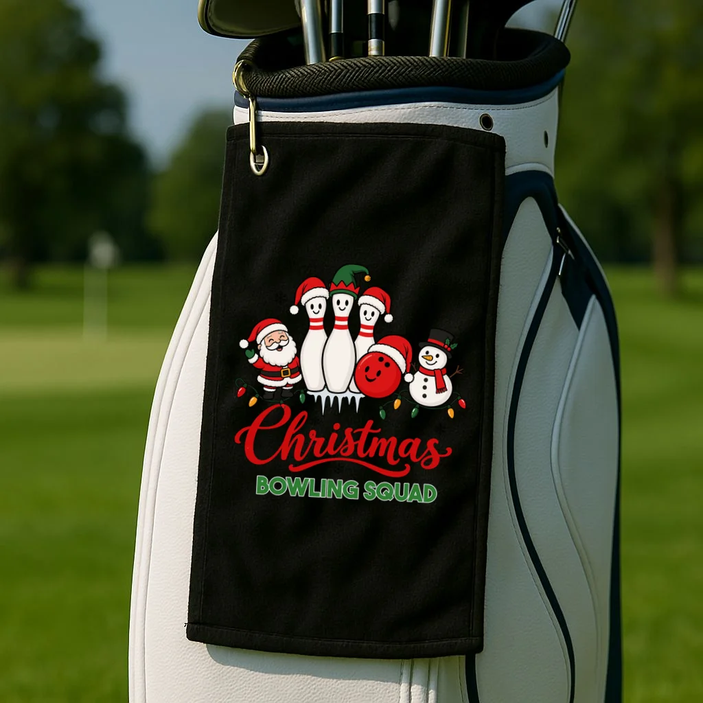 Christmas Bowling Personalized Holiday Gift -  Minimalist Christmas Bowling Design Golf Towel - Front 2