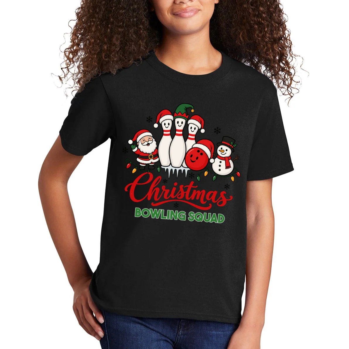 Christmas Bowling Personalized Holiday Gift -  Minimalist Christmas Bowling Design Kids T-Shirt - Front 1