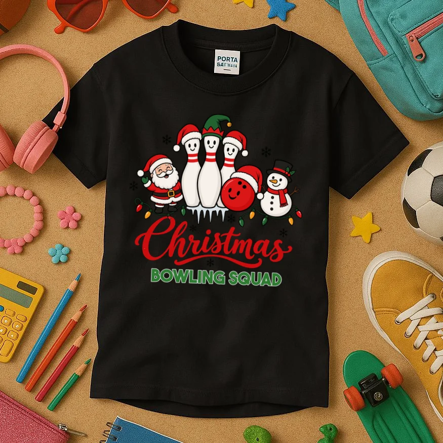 Christmas Bowling Personalized Holiday Gift -  Minimalist Christmas Bowling Design Kids T-Shirt - Front 2