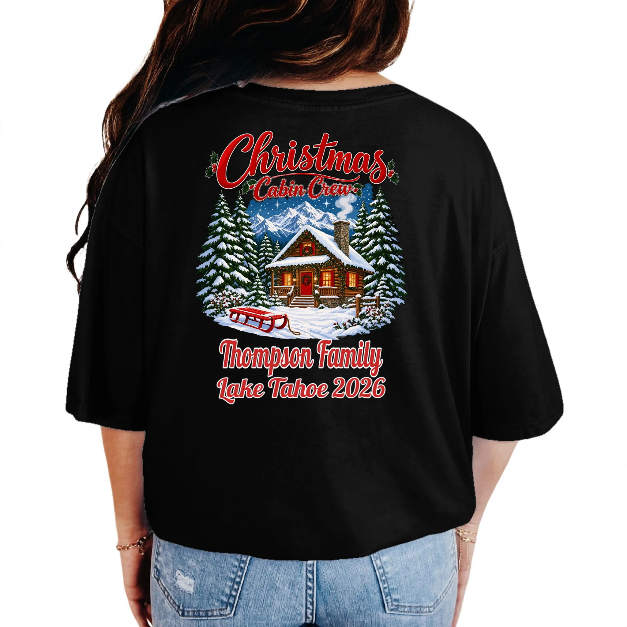 Christmas Cabin Crew | Rustic Mountain Christmas Design Comfort Colors Unisex T-Shirt - Back