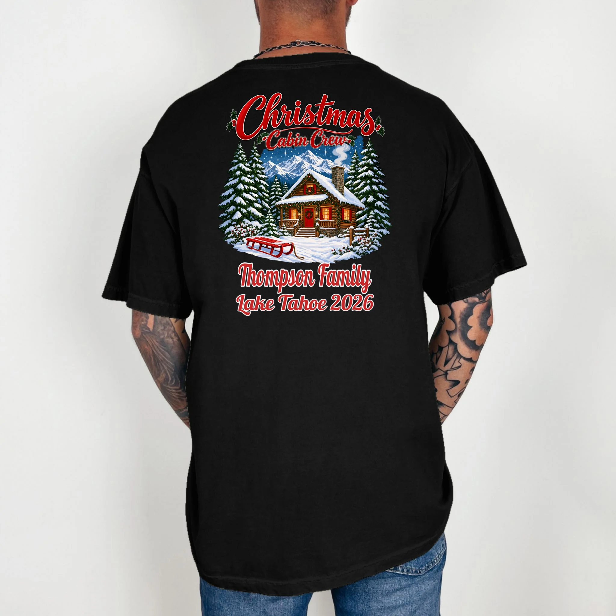 Christmas Cabin Crew | Rustic Mountain Christmas Design Comfort Colors Unisex T-Shirt - Back 2