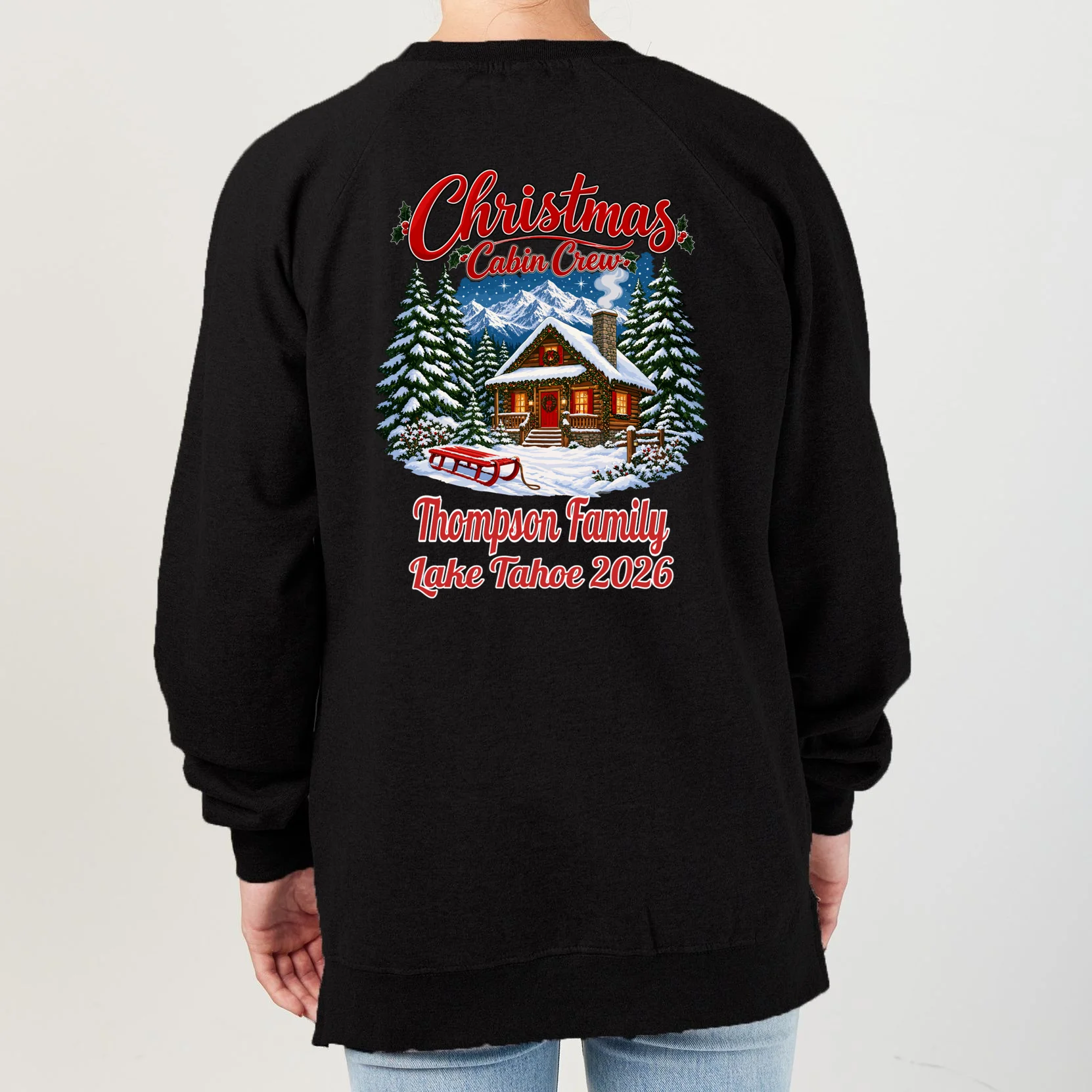 Christmas Cabin Crew | Rustic Mountain Christmas Design Women's Sweatshirt - Back - Close-up