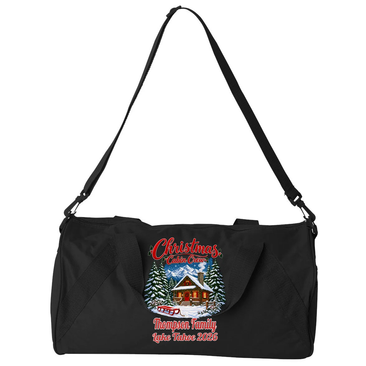 Christmas Cabin Crew | Rustic Mountain Christmas Design Duffel Bag - Back - Close-up