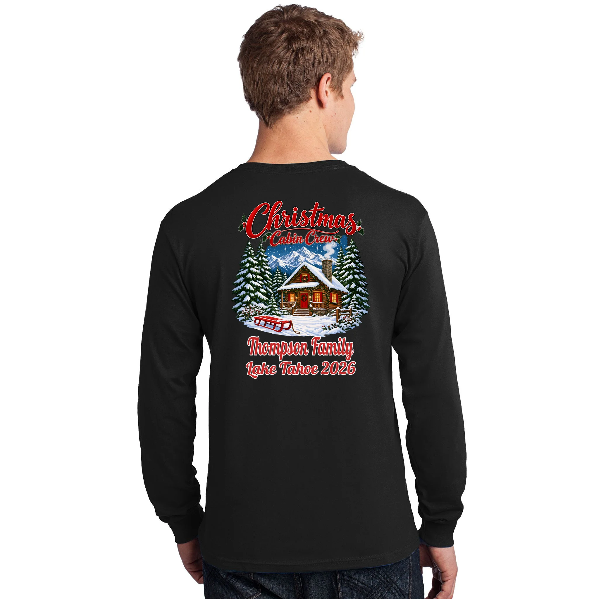 Christmas Cabin Crew | Rustic Mountain Christmas Design Men's Long Sleeve Shirt - Back - Close-up