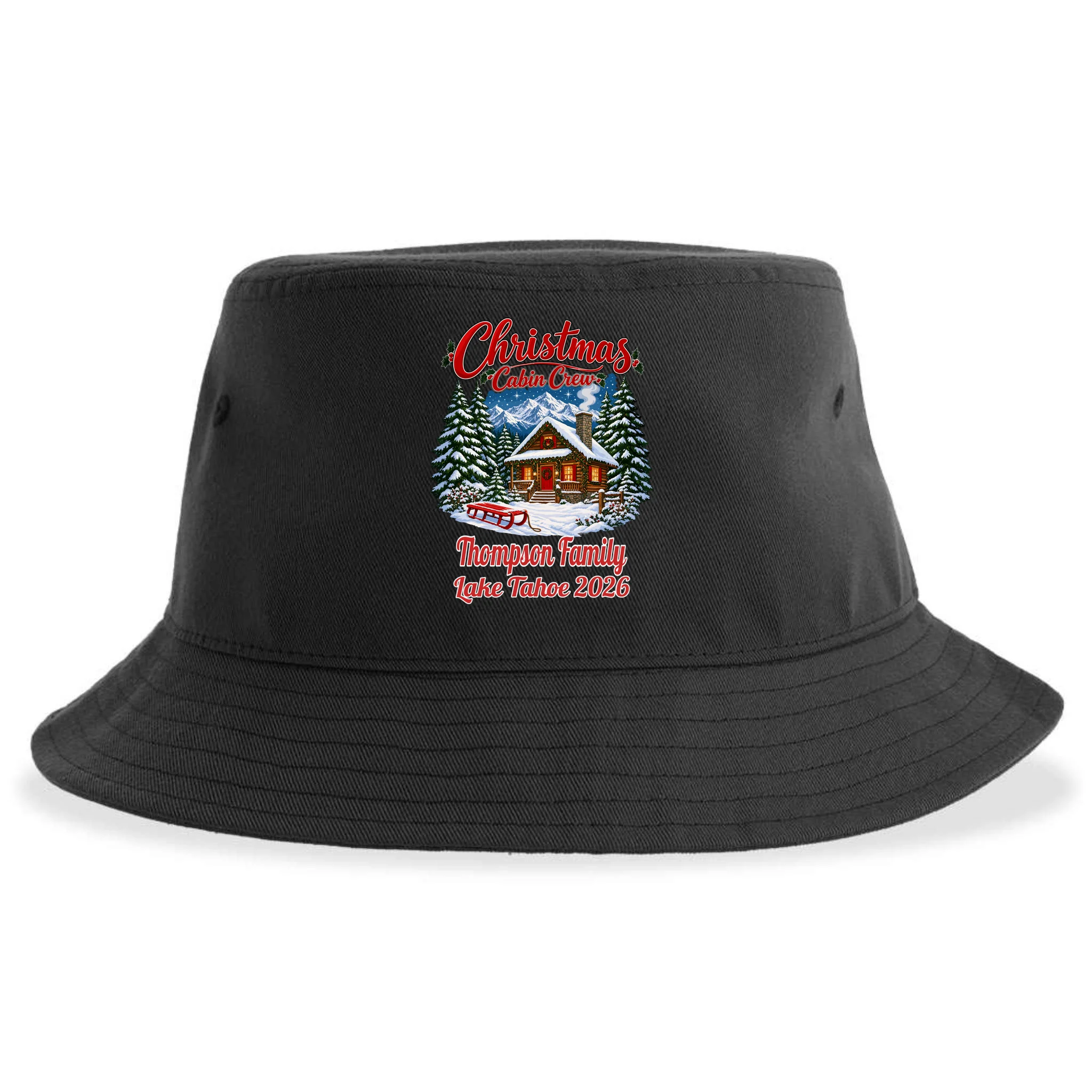 Christmas Cabin Crew | Rustic Mountain Christmas Design Bucket Hat - Back - Close-up