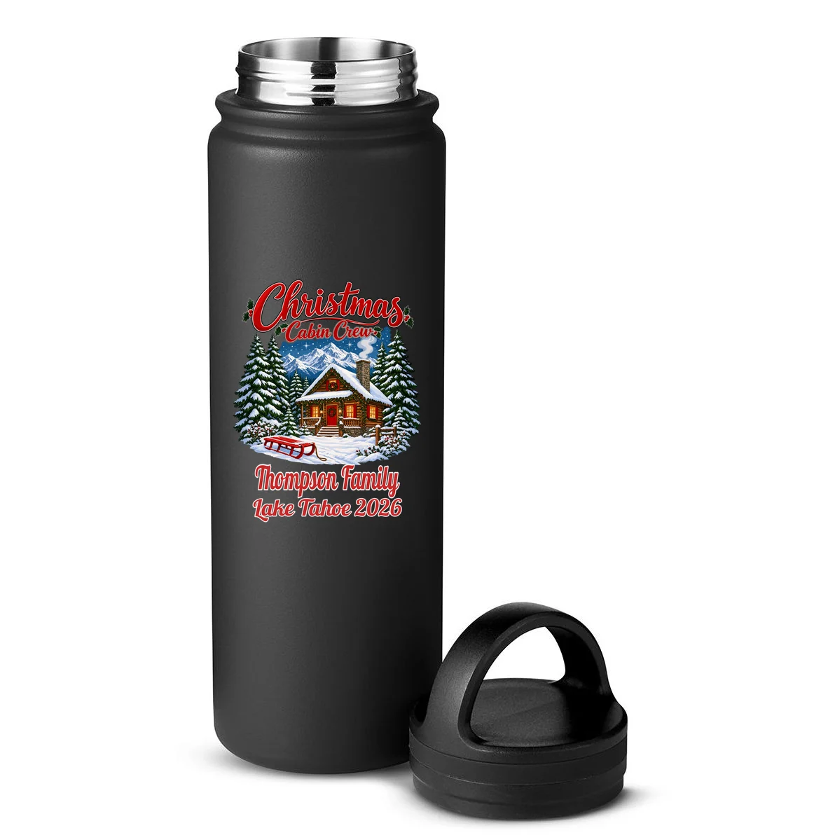 Christmas Cabin Crew | Rustic Mountain Christmas Design 24oz Water Bottle - Back - Close-up