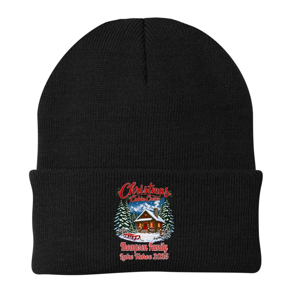 Christmas Cabin Crew | Rustic Mountain Christmas Design Beanie - Back - Close-up