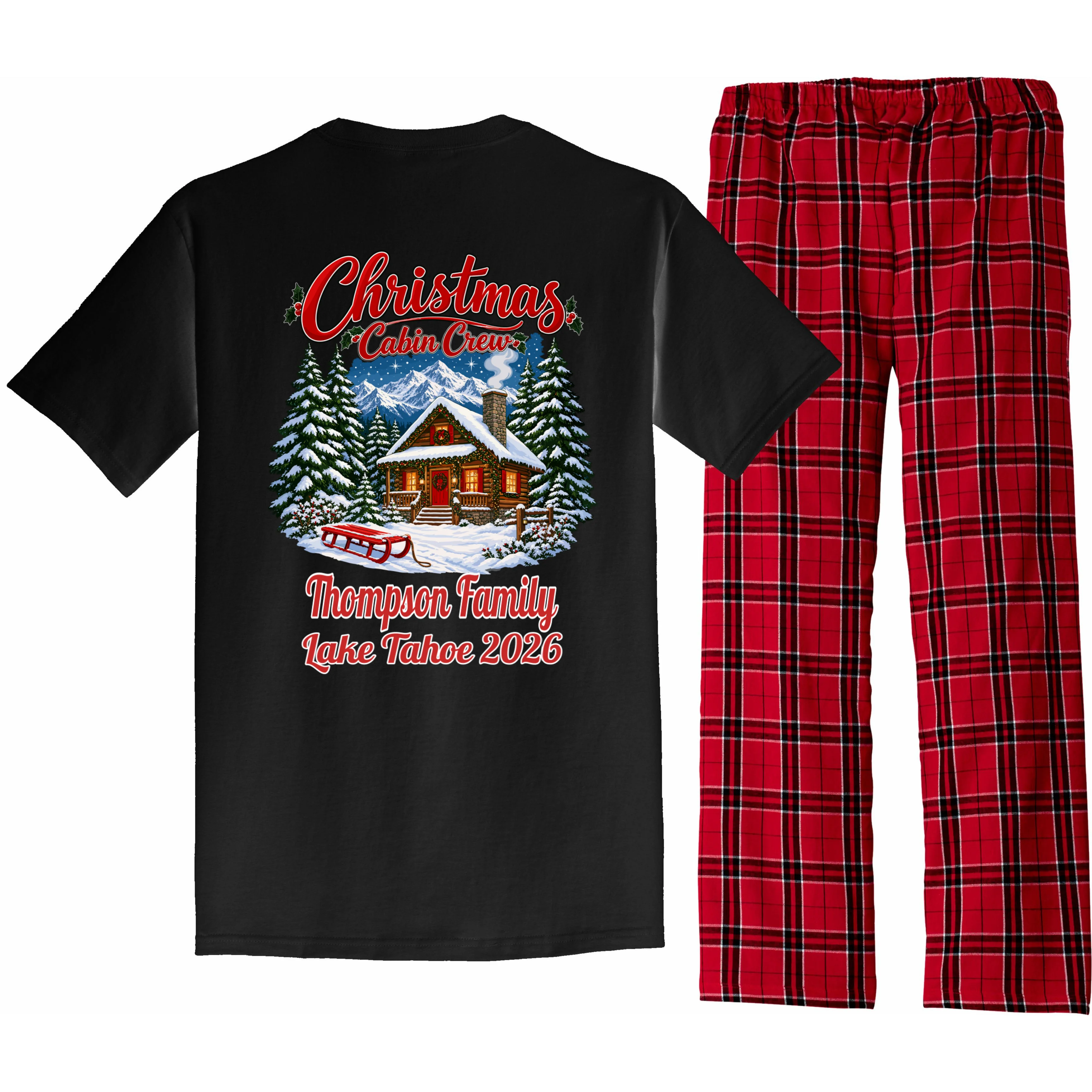 Christmas Cabin Crew | Rustic Mountain Christmas Design Men's Pajamas - Back - Close-up