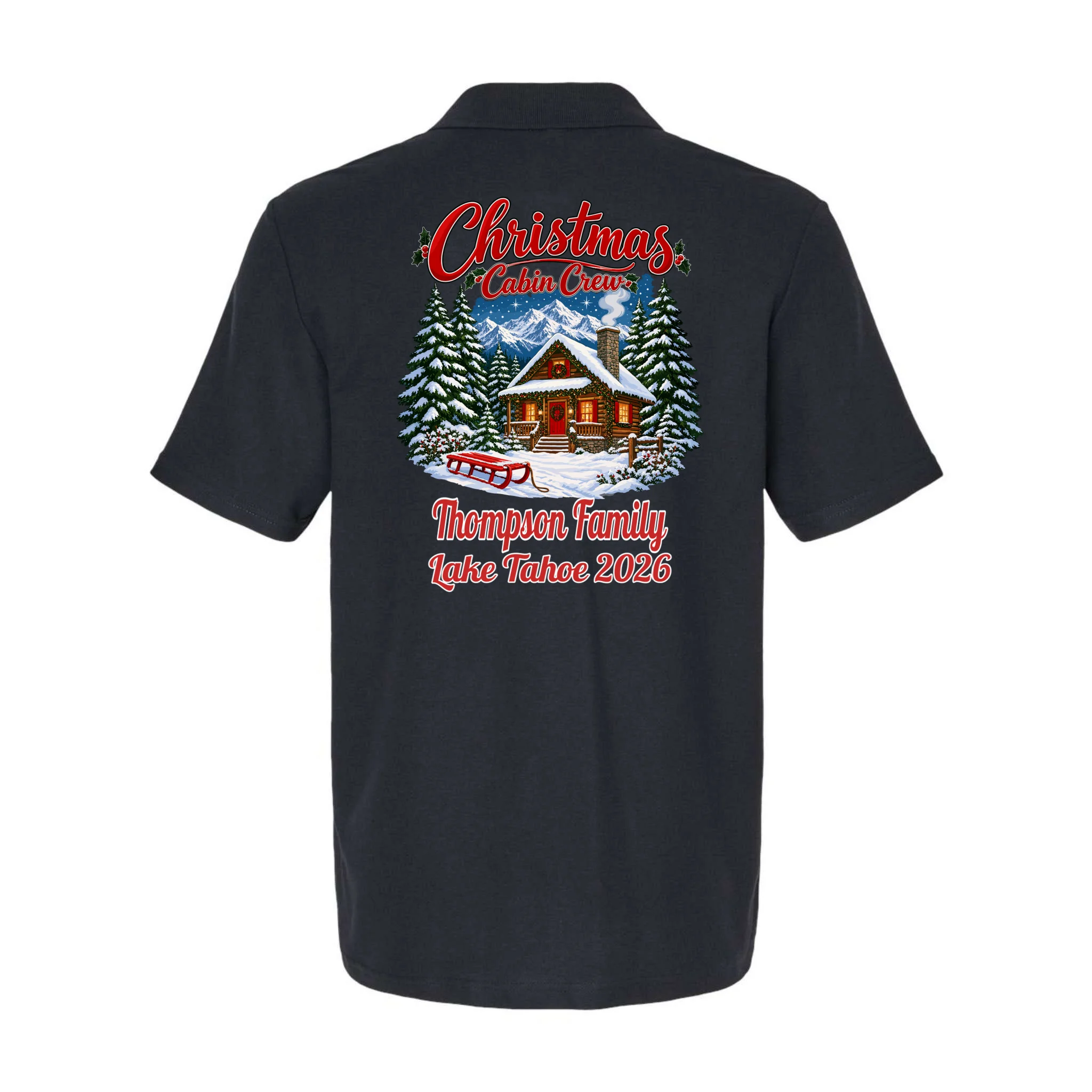 Christmas Cabin Crew | Rustic Mountain Christmas Design Men's Polo - Back