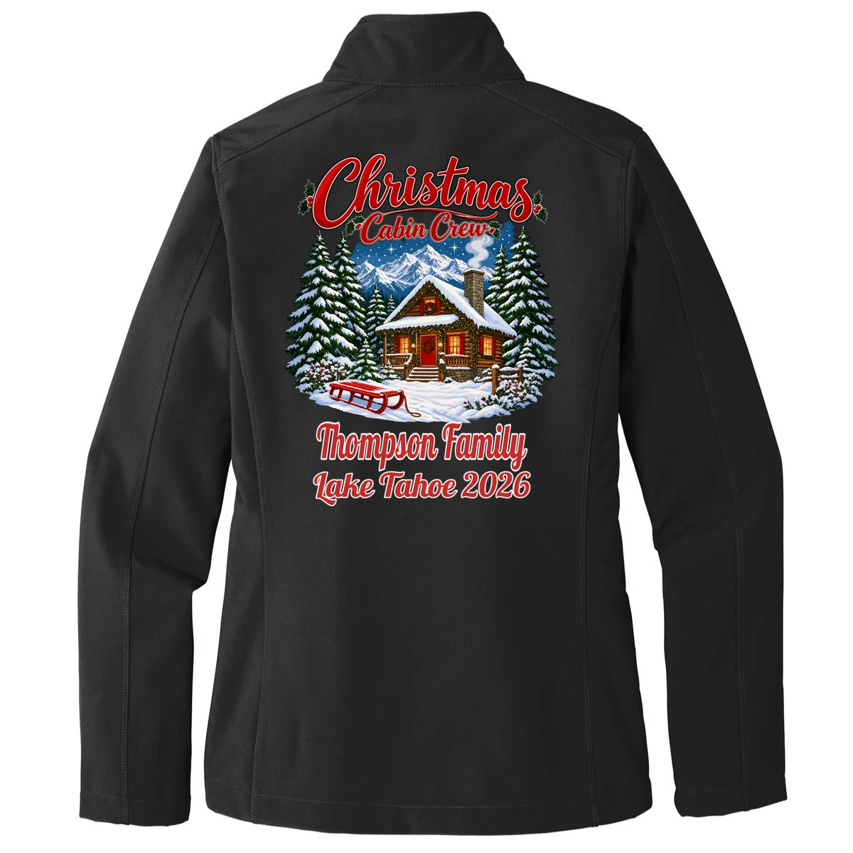 Christmas Cabin Crew | Rustic Mountain Christmas Design Women's Soft Jacket - Back - Close-up