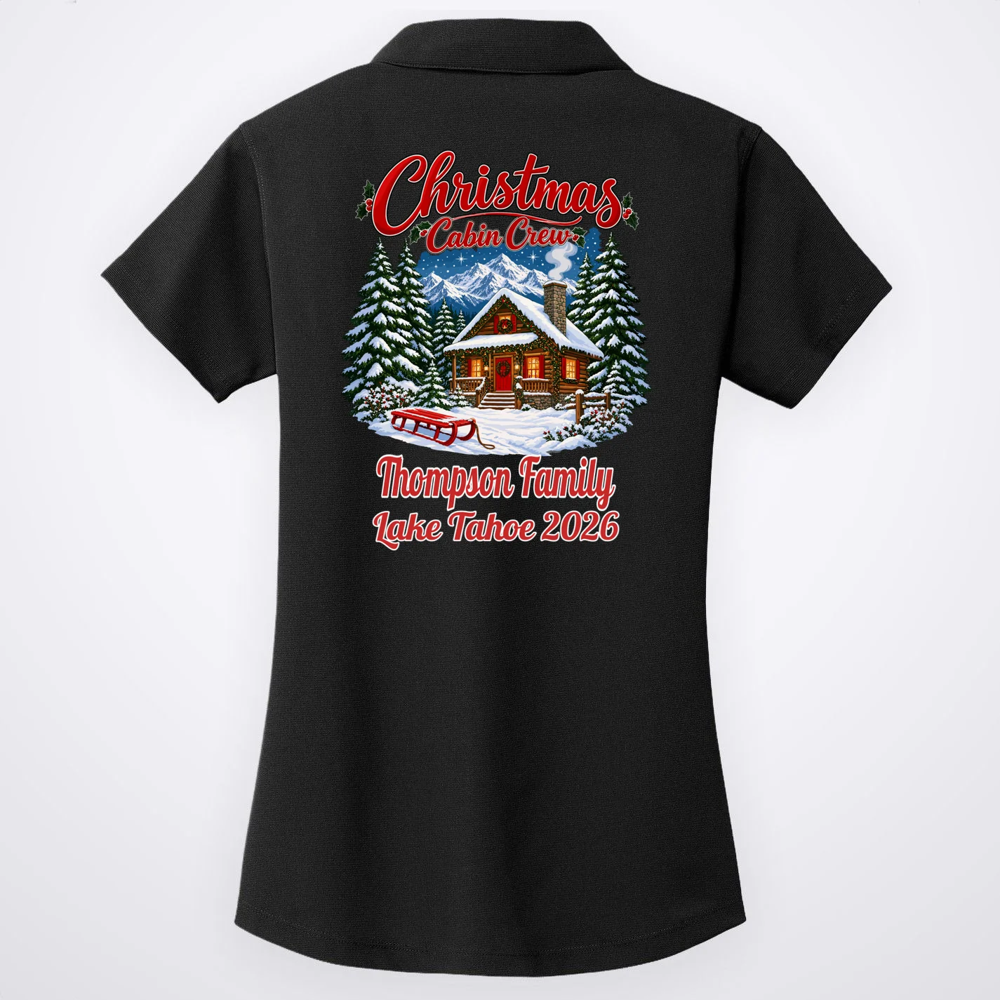 Christmas Cabin Crew | Rustic Mountain Christmas Design Women's Polo - Back - Close-up