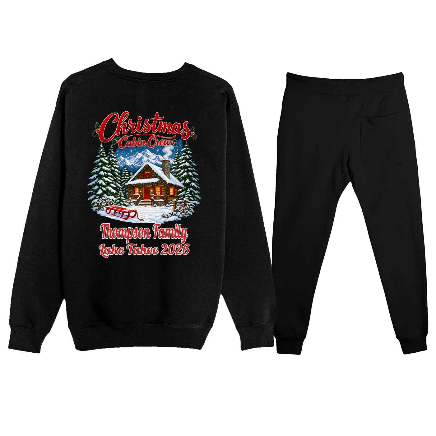 Christmas Cabin Crew | Rustic Mountain Christmas Design Men's Sweatsuit - Back - Close-up