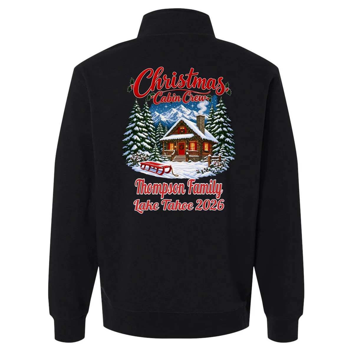 Christmas Cabin Crew | Rustic Mountain Christmas Design Men's Pullover Quarter Zip - Back - Close-up