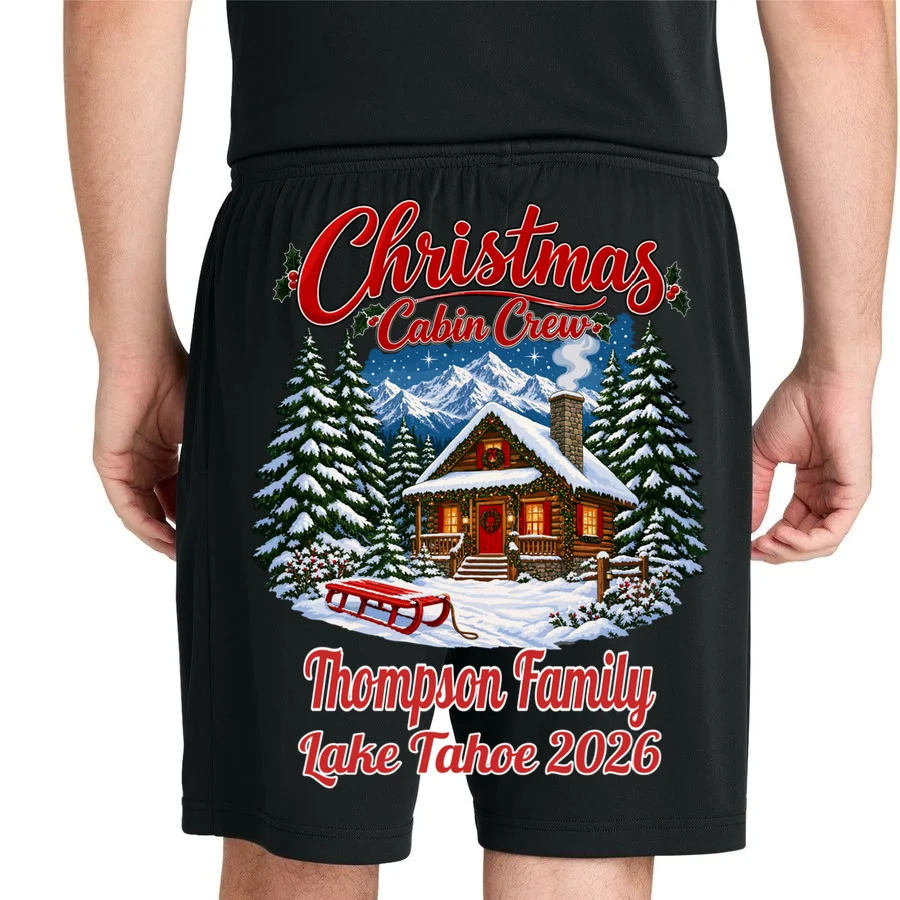 Christmas Cabin Crew | Rustic Mountain Christmas Design Men's Shorts - Back 1