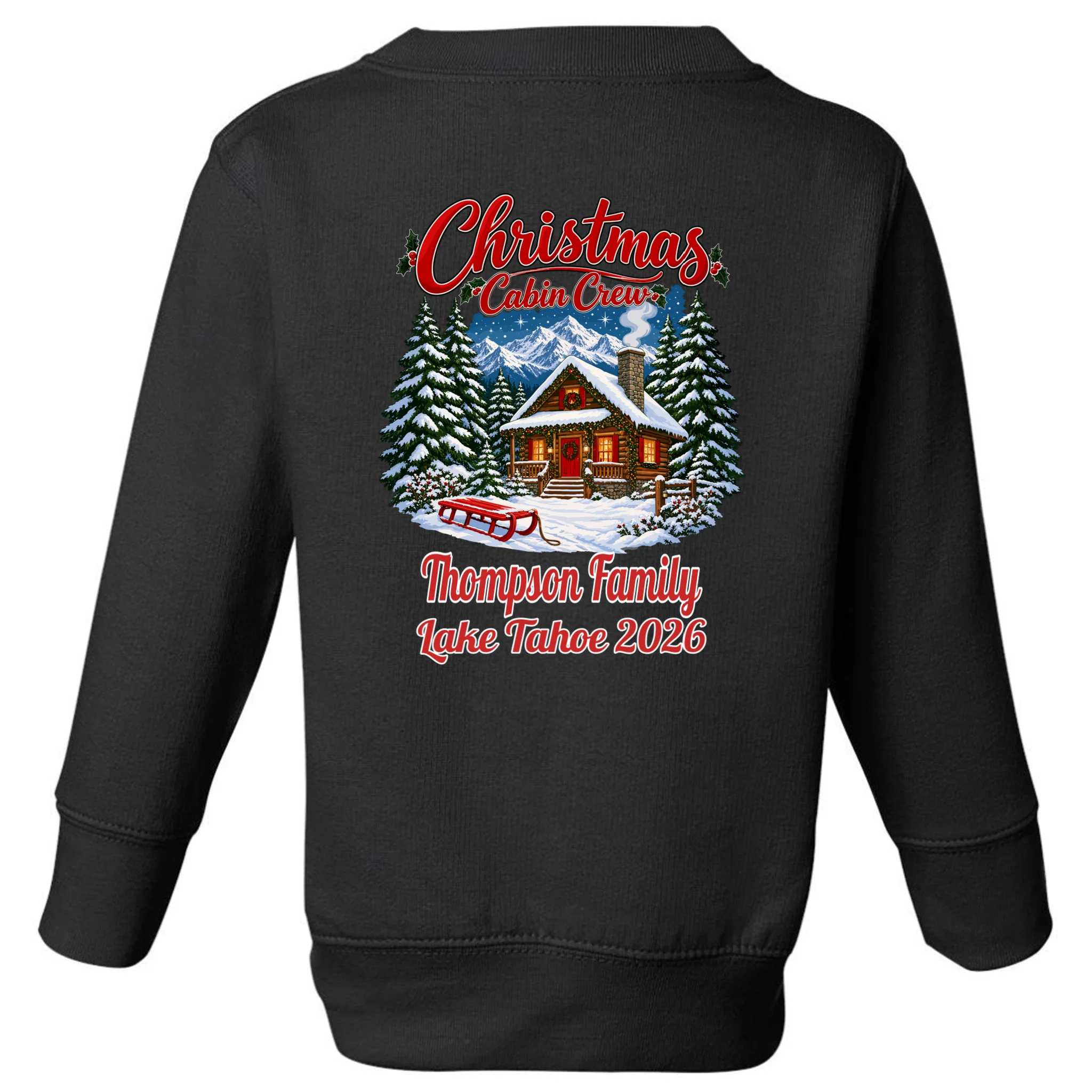 Christmas Cabin Crew | Rustic Mountain Christmas Design Toddler Sweatshirt - Back - Close-up