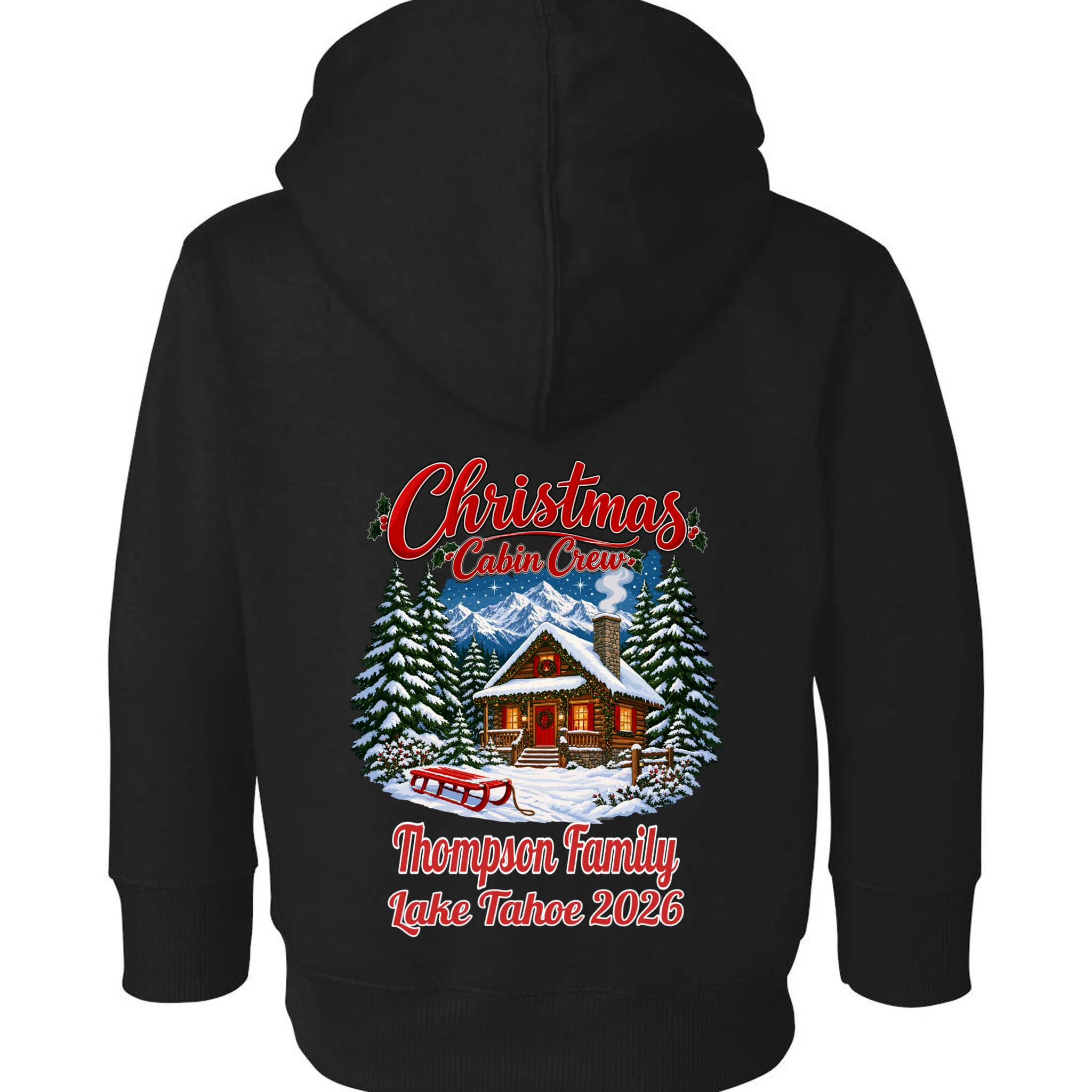 Christmas Cabin Crew | Rustic Mountain Christmas Design Toddler Hoodie - Back - Close-up