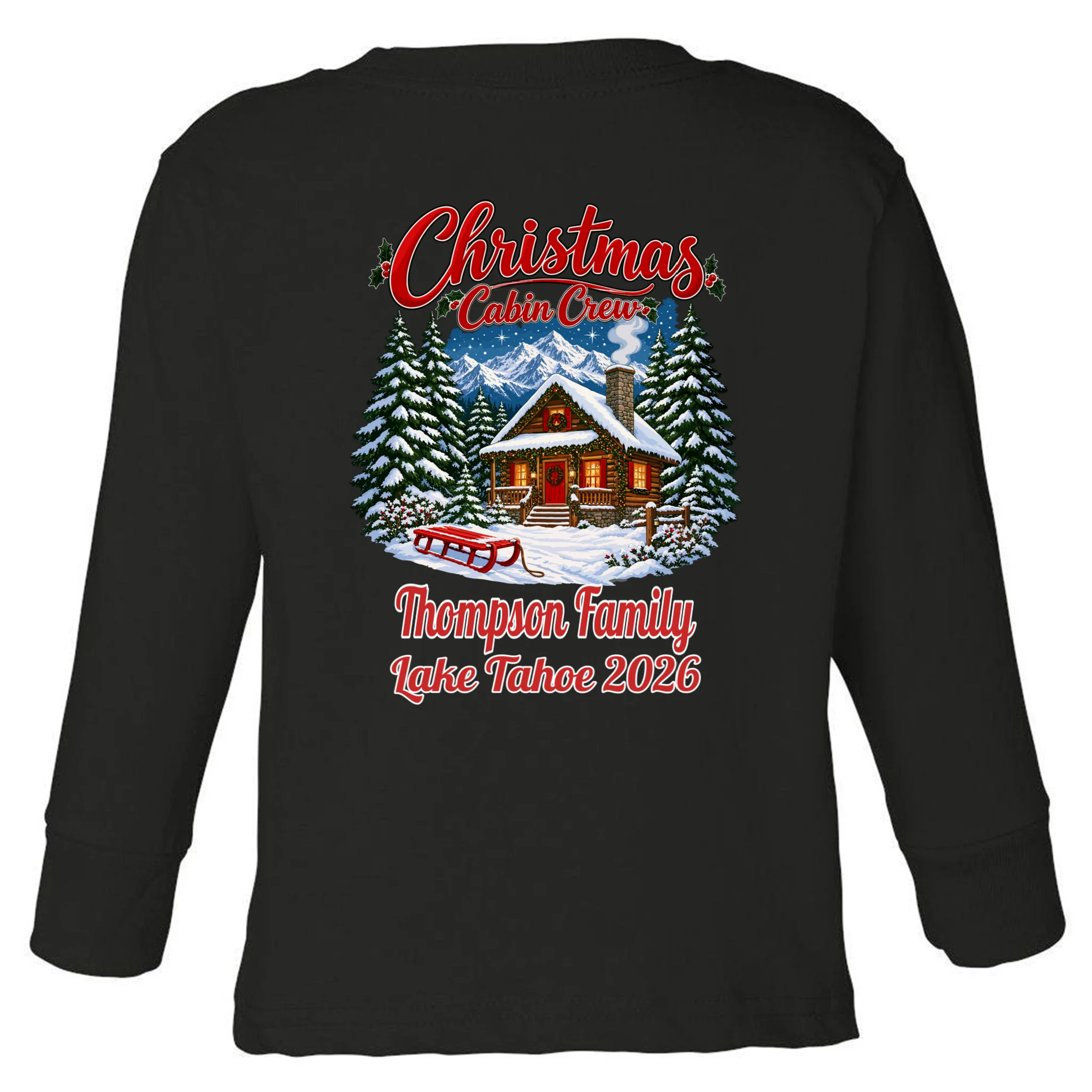 Christmas Cabin Crew | Rustic Mountain Christmas Design Toddler Long Sleeve Shirt - Back - Close-up