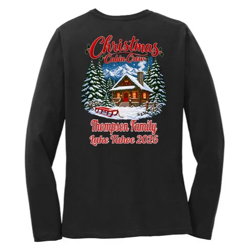 Christmas Cabin Crew | Rustic Mountain Christmas Design Women's Long Sleeve Shirt - Back - Close-up