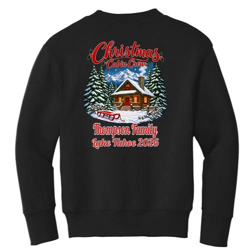 Christmas Cabin Crew | Rustic Mountain Christmas Design Kids Sweatshirt - Back - Close-up