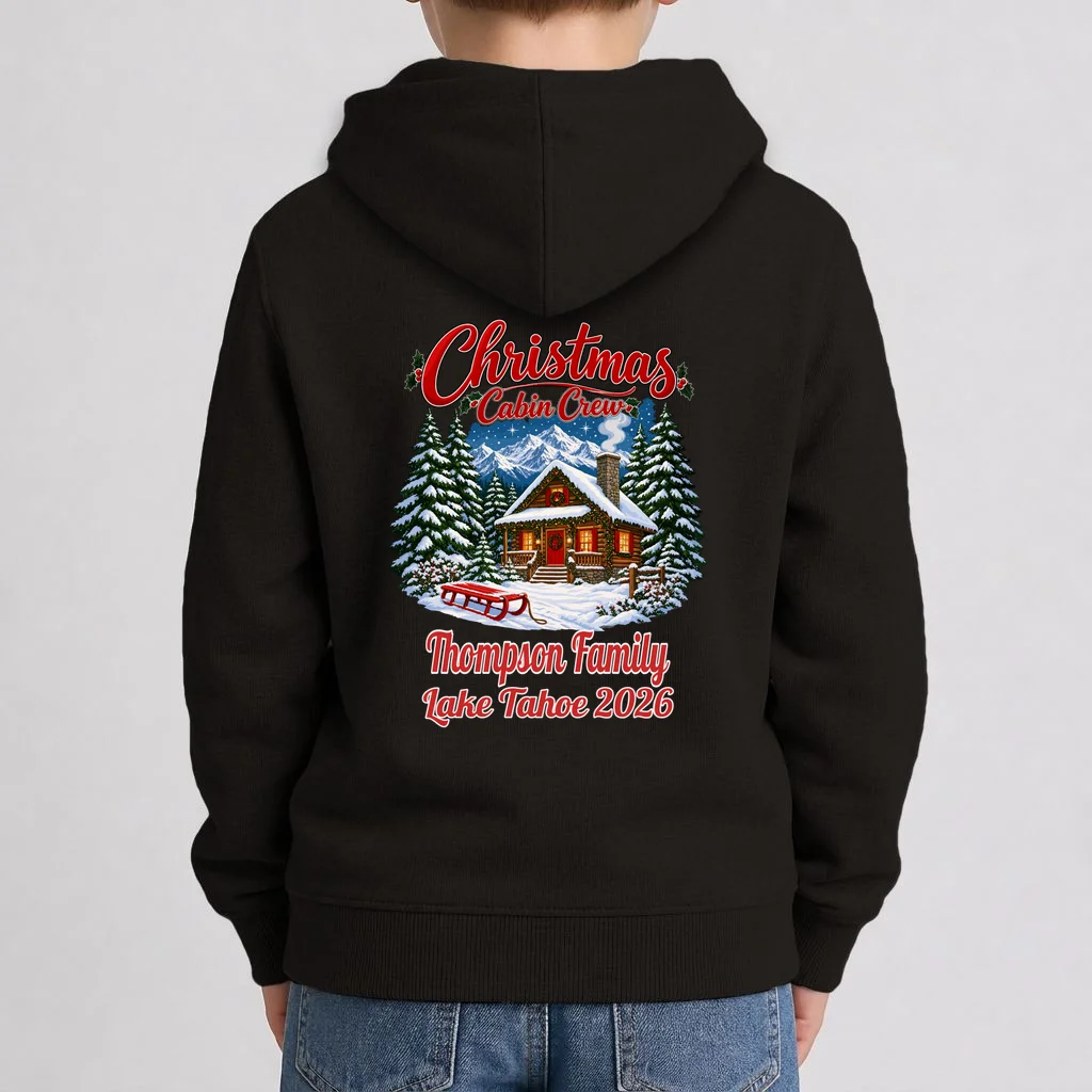 Christmas Cabin Crew | Rustic Mountain Christmas Design Kids Hoodie - Back 1