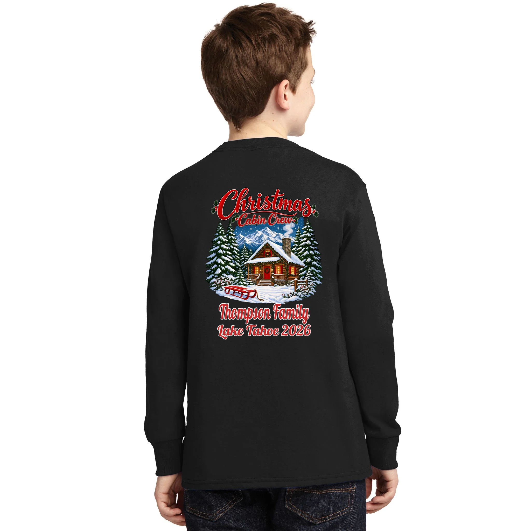 Christmas Cabin Crew | Rustic Mountain Christmas Design Kids Long Sleeve Shirt - Back - Close-up