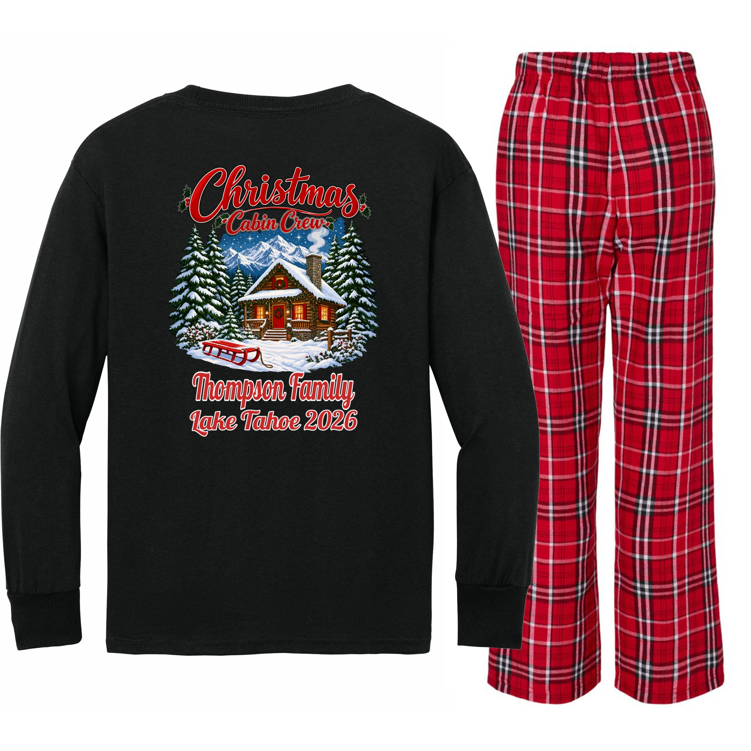 Christmas Cabin Crew | Rustic Mountain Christmas Design Kids Long Sleeve Pajamas - Back - Close-up