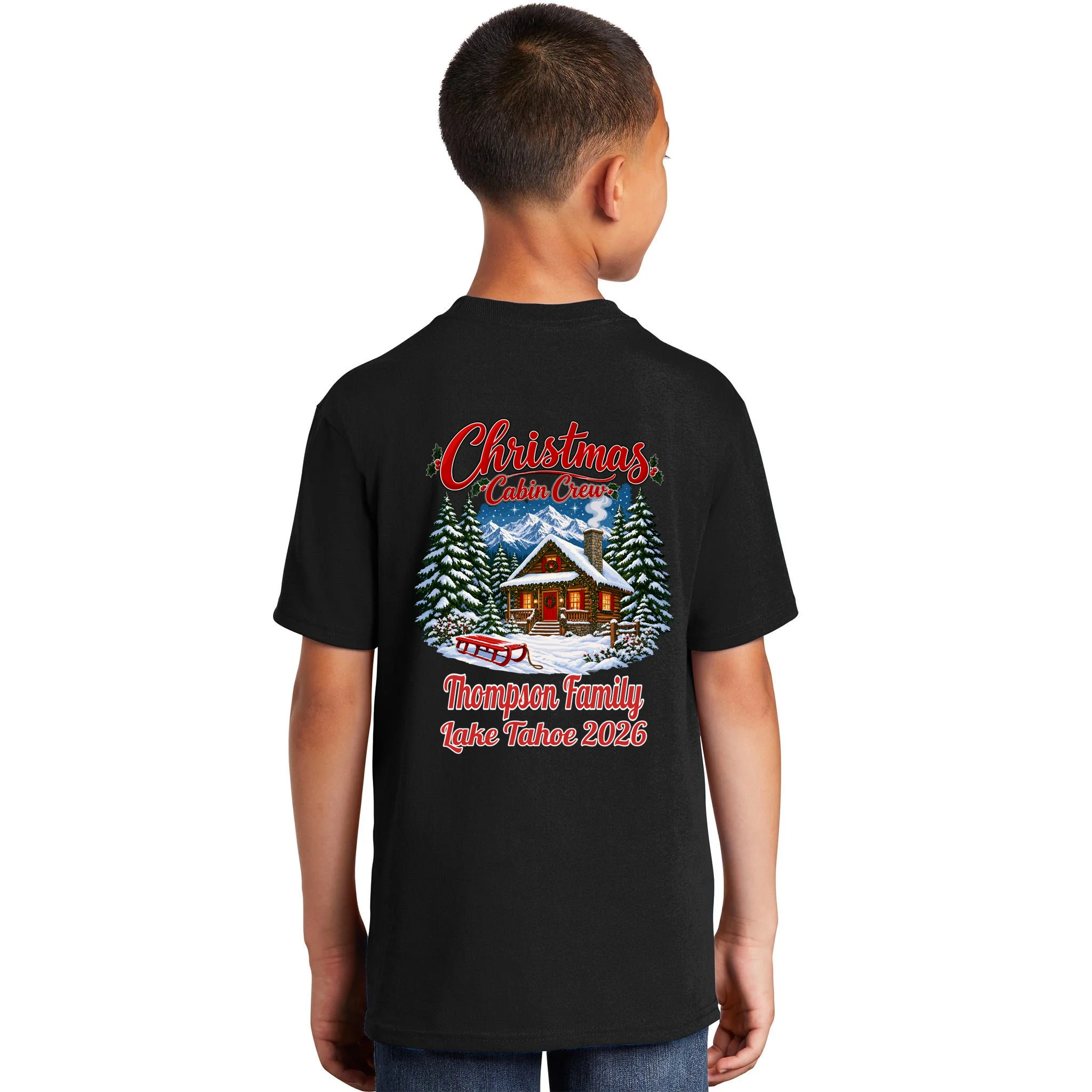 Christmas Cabin Crew | Rustic Mountain Christmas Design Kids T-Shirt - Back