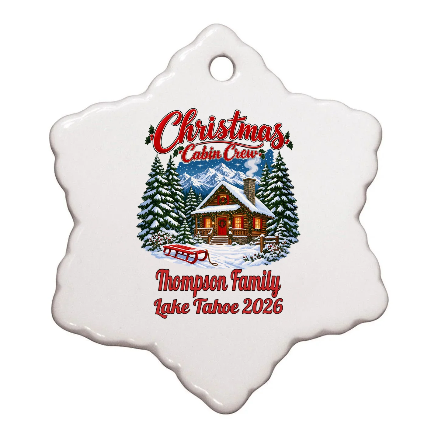 Christmas Cabin Crew | Rustic Mountain Christmas Design Ornament - Back - Close-up