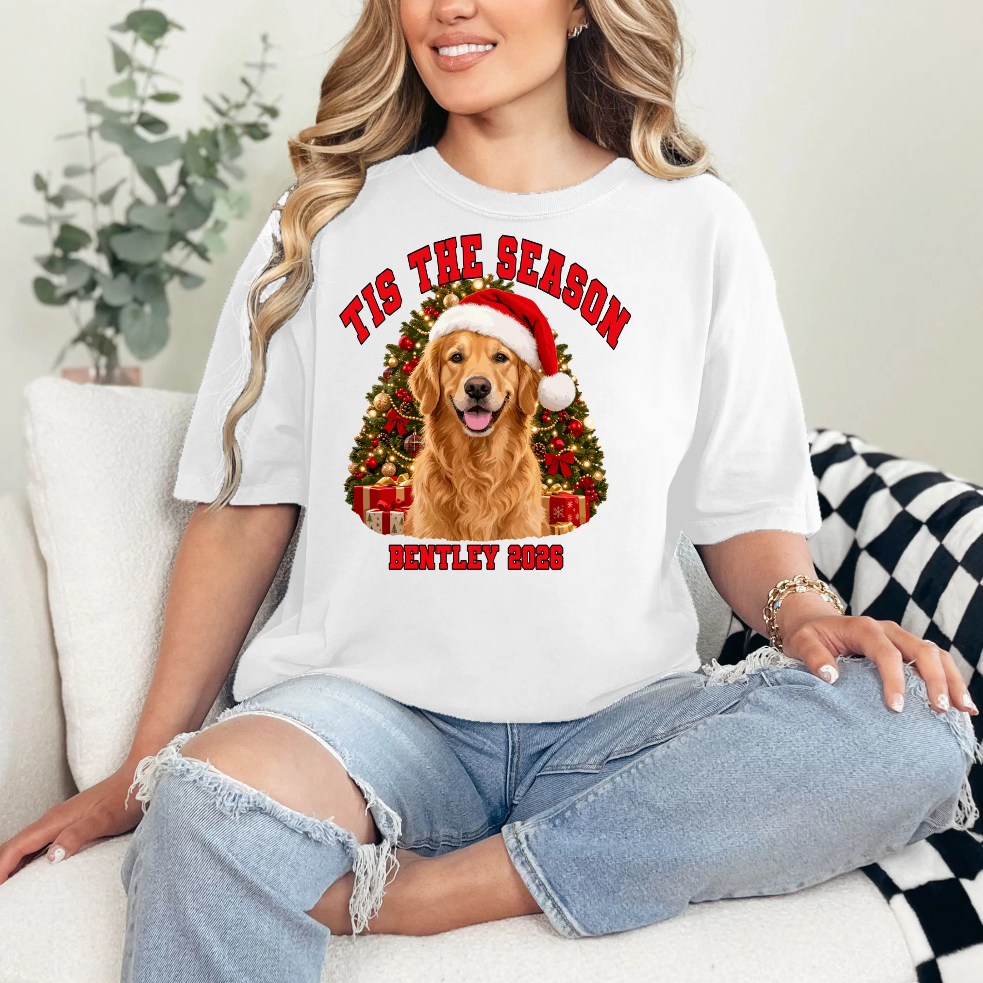 Personalized Dog Christmas Portrait – Custom Pet Photo Holiday Design Comfort Colors Unisex T-Shirt - Front 1