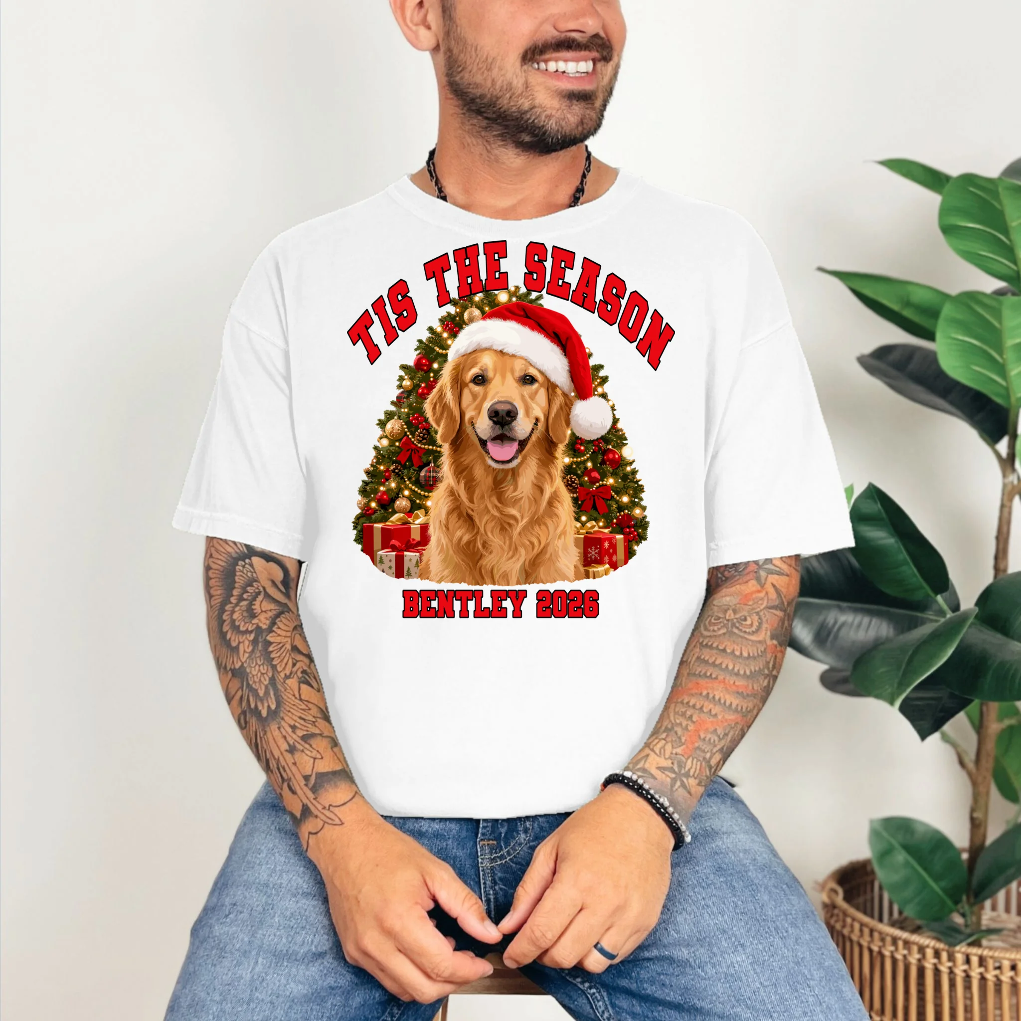 Personalized Dog Christmas Portrait – Custom Pet Photo Holiday Design Comfort Colors Unisex T-Shirt - Front 2