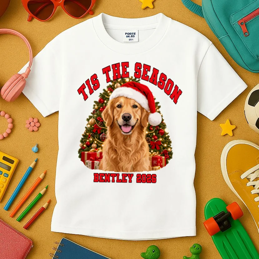 Personalized Dog Christmas Portrait – Custom Pet Photo Holiday Design Kids T-Shirt - Front 2