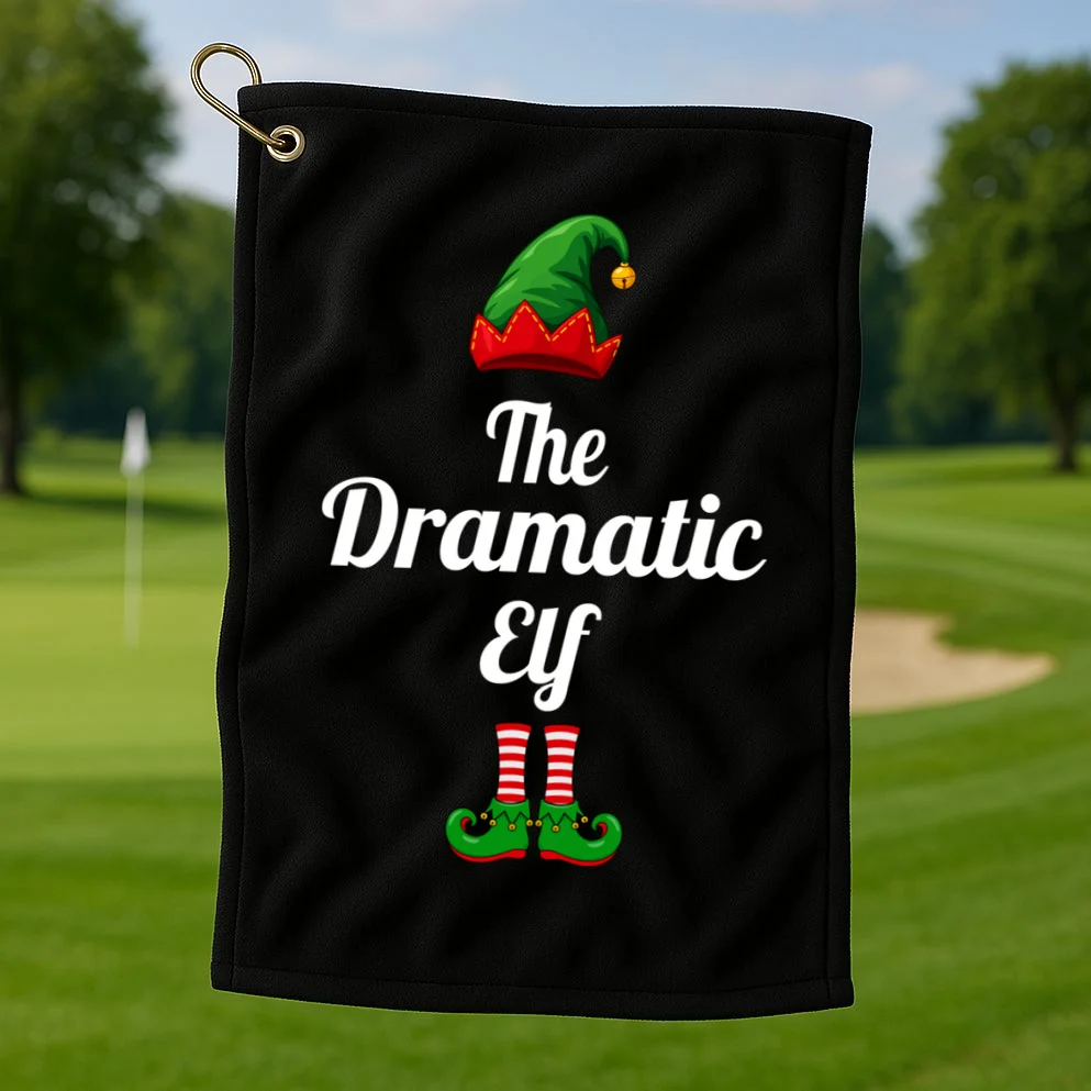 Custom Text Elf Design – Christmas Hat & Curled Shoes Golf Towel - Front 1