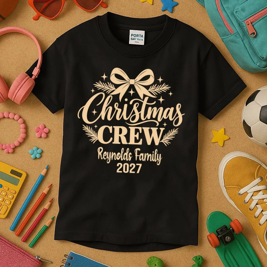 Christmas Crew Family Holiday Gathering - Custom Family Name Kids T-Shirt - Front 2