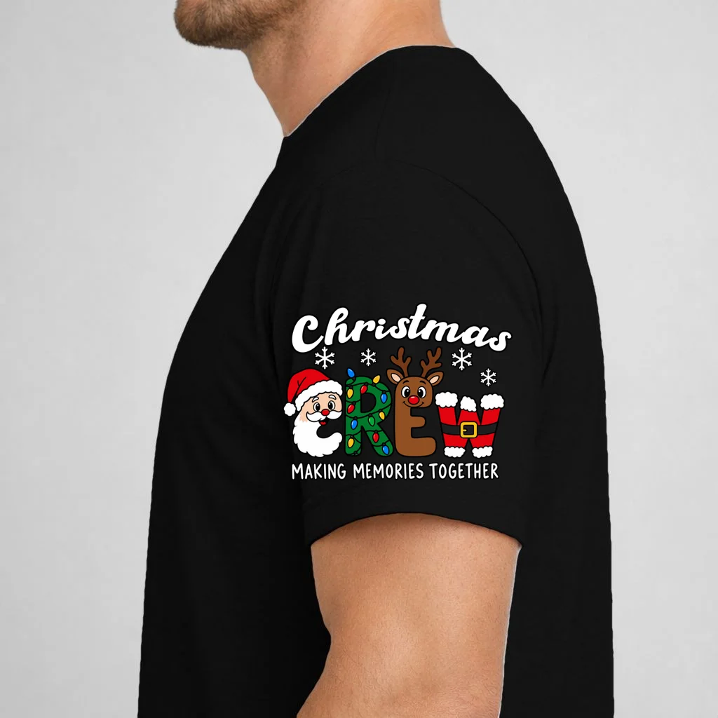 Christmas Crew Making Memories Together – Santa & Rudolph Holiday Graphic Men's T-Shirt - Left Sleeve