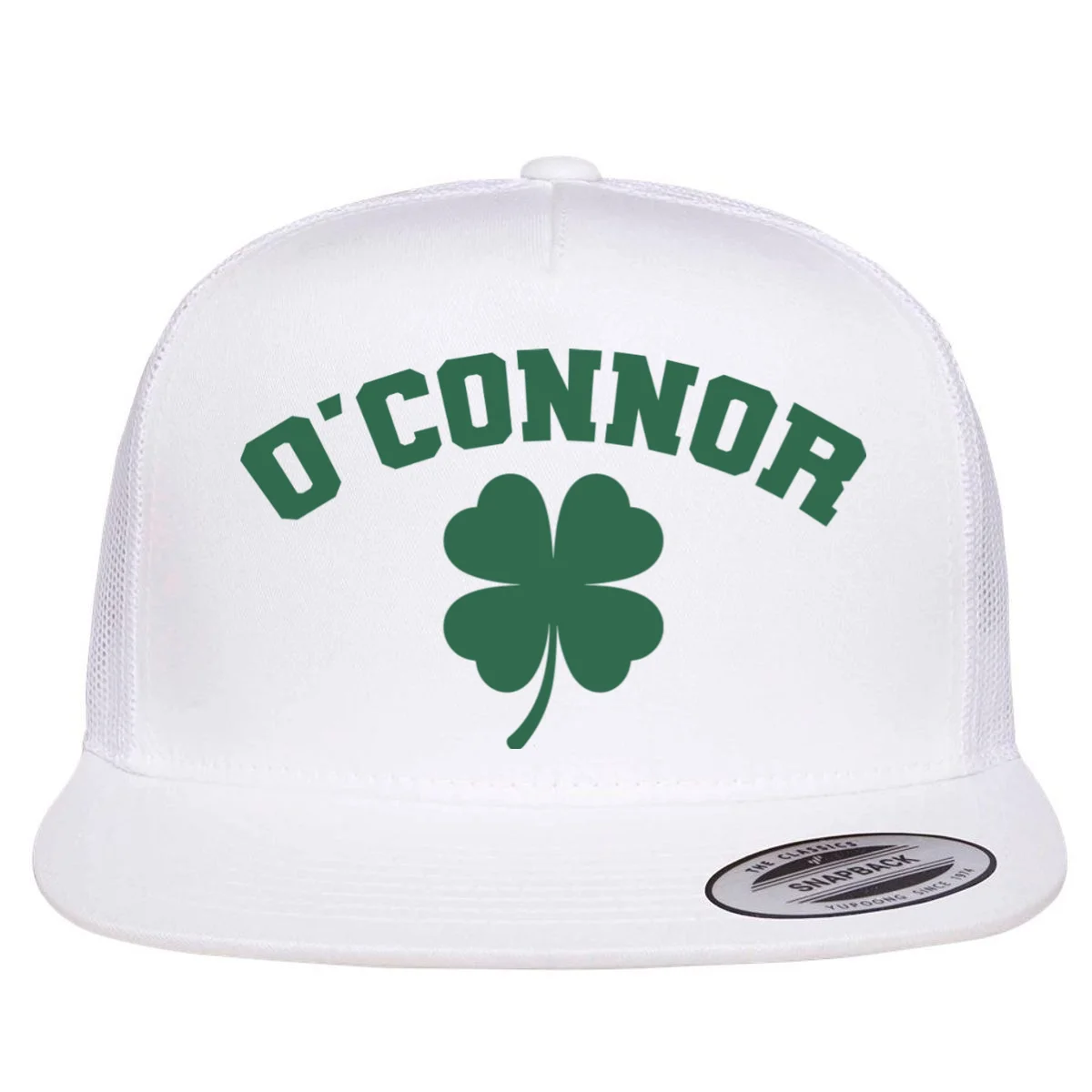 Cute Custom Name St Patricks Day Clover Flat Bill Trucker Hat - Front