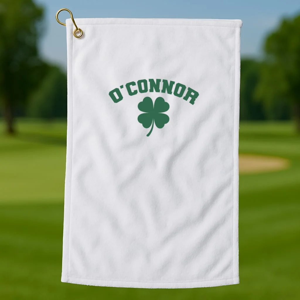 Cute Custom Name St Patricks Day Clover Golf Towel - Front 1