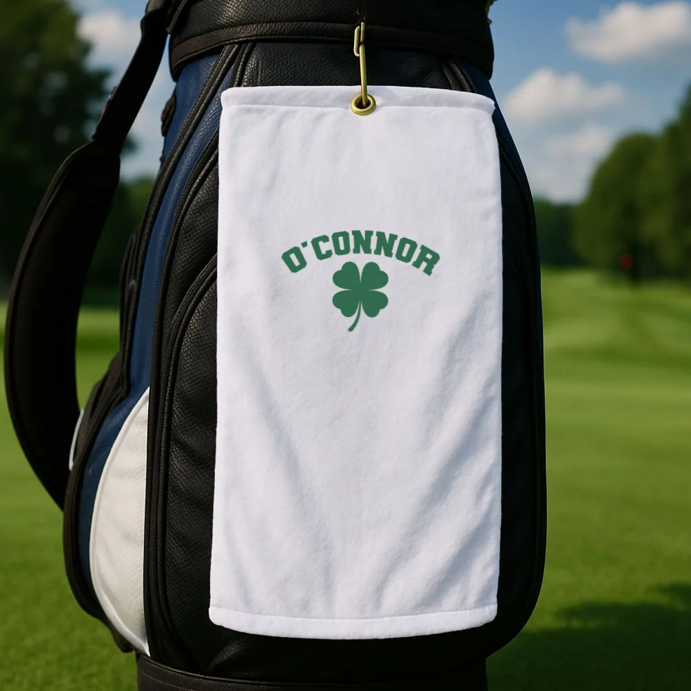 Cute Custom Name St Patricks Day Clover Golf Towel - Front 2