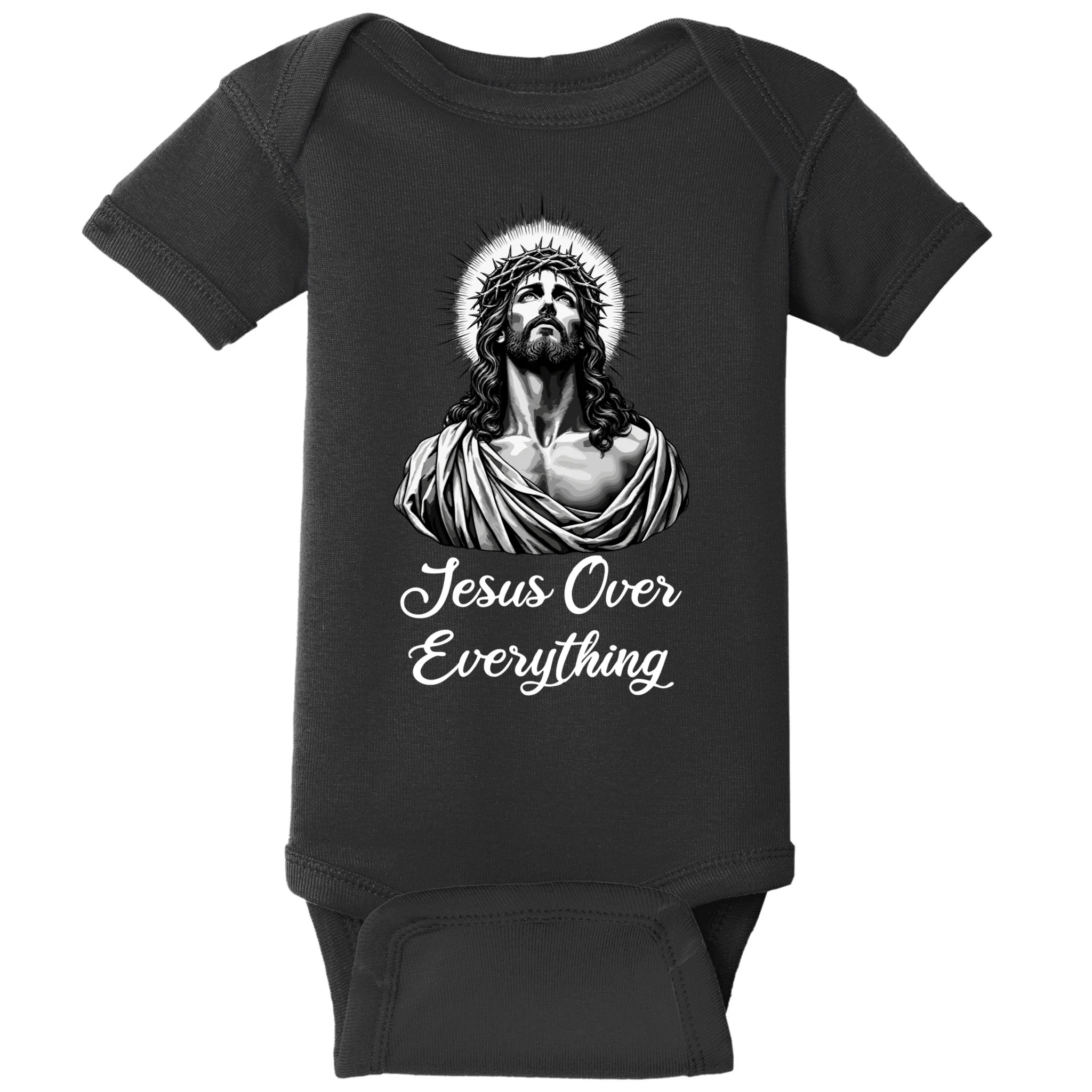Custom Christian Quote – Jesus Portrait with Crown of Thorns & Halo Design Baby Bodysuit Front