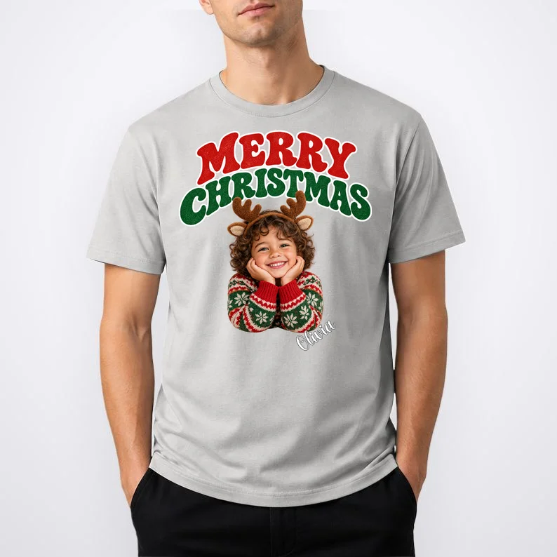 Christmas Photo Personalized Name Custom Gift - Merry Christmas Portrait Holiday Design Men's T-Shirt - Front 1