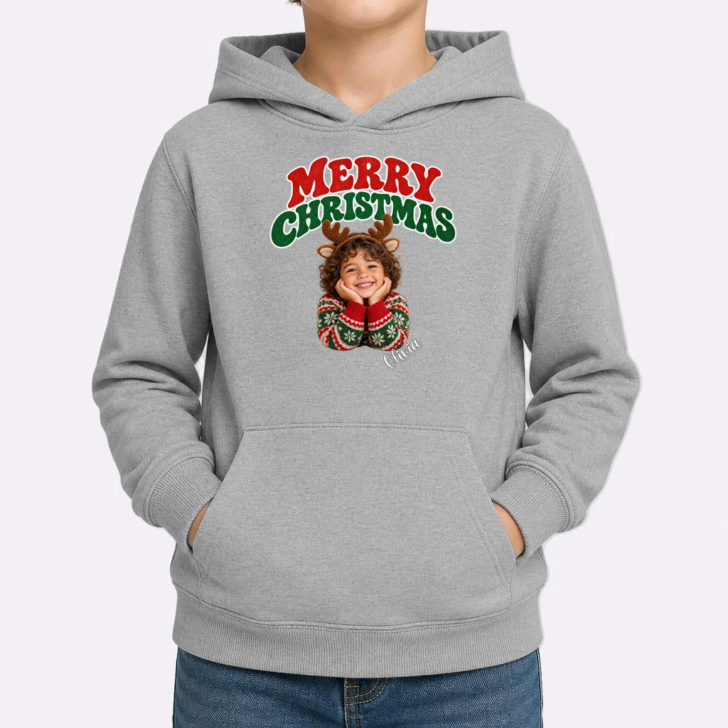 Christmas Photo Personalized Name Custom Gift - Merry Christmas Portrait Holiday Design Kids Hoodie - Front 1