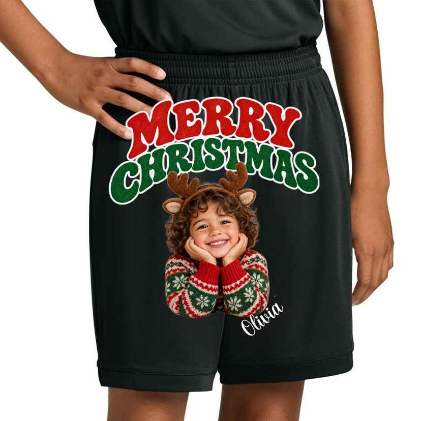 Christmas Photo Personalized Name Custom Gift - Merry Christmas Portrait Holiday Design Kids Shorts - Front 1