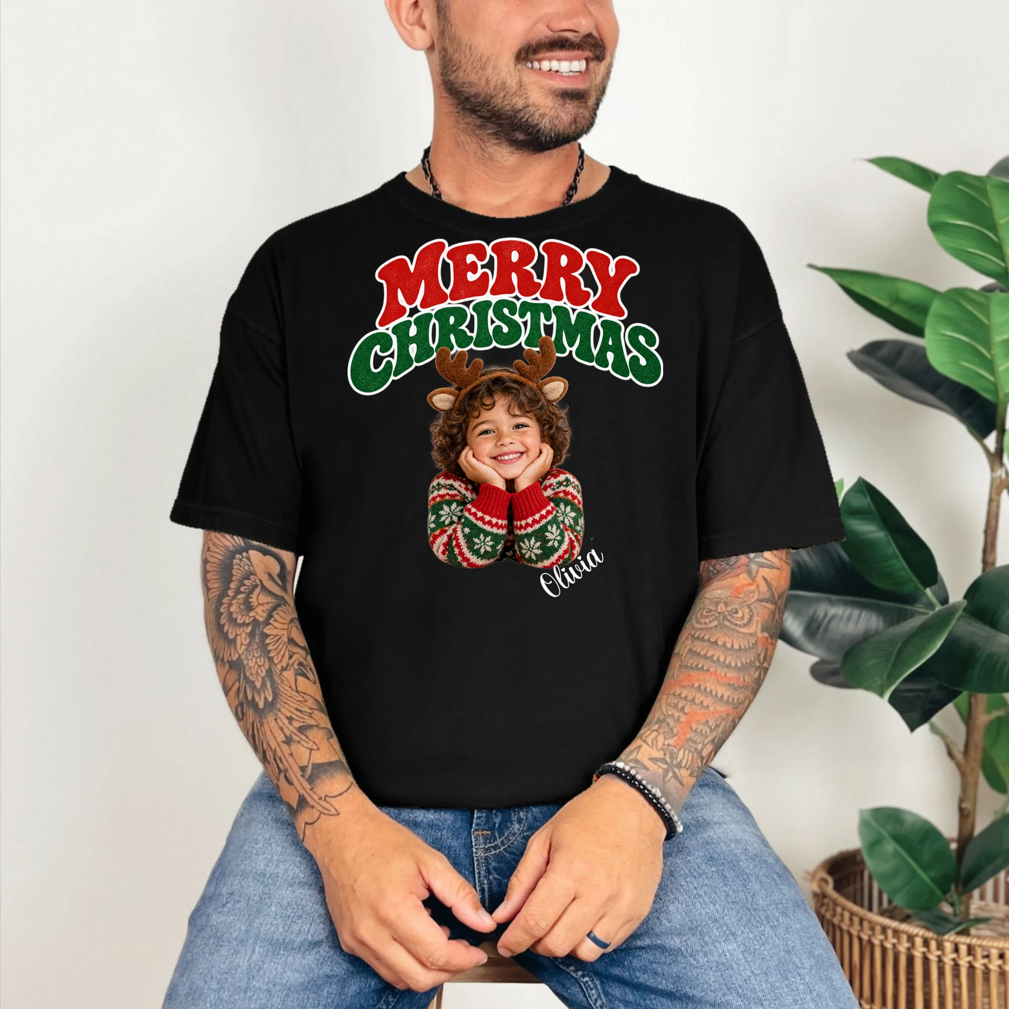Christmas Photo Personalized Name Custom Gift - Merry Christmas Portrait Holiday Design Comfort Colors Unisex T-Shirt - Front 2